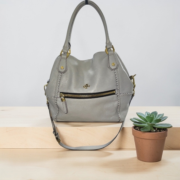 orYANY Handbags - Oryany Gray Pebbled Leather Bucket Satchel Crossbody | Whipstitch Detail | EUC